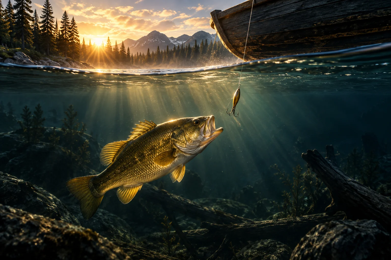 Original editorial illustration of a bass approaching a fishing lure in a Canadian lake