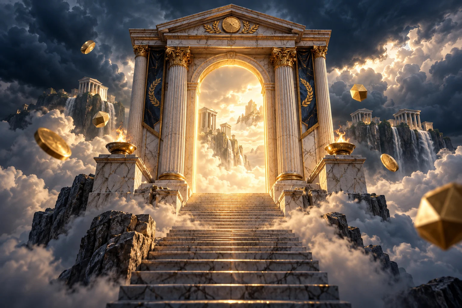 Original editorial illustration of an illuminated classical gate above clouds